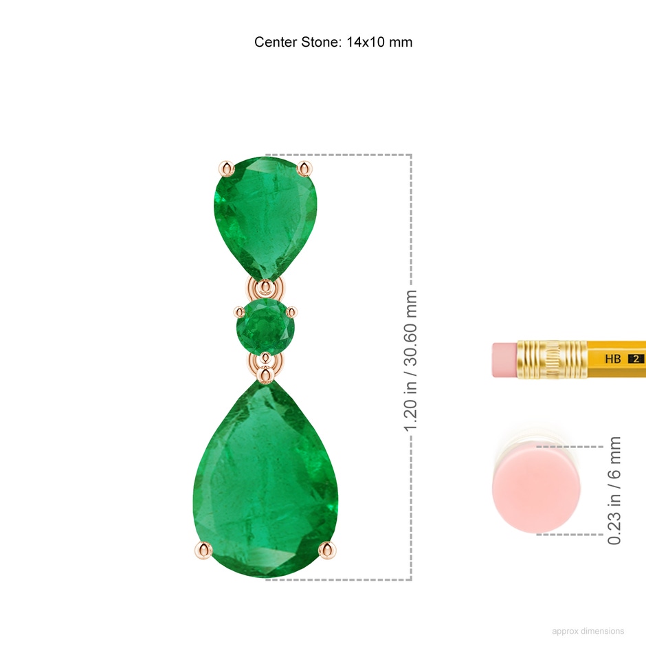14x10mm AA Pear and Round Emerald Three Stone Pendant in Rose Gold ruler