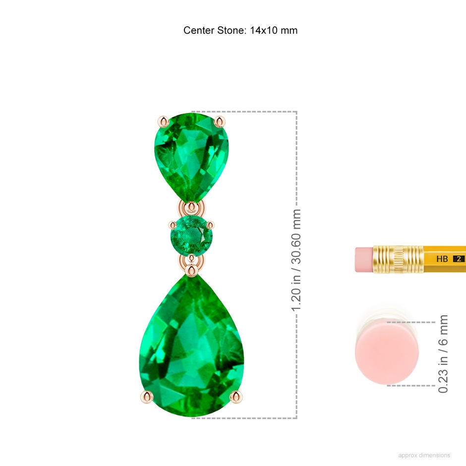 14x10mm AAA Pear and Round Emerald Three Stone Pendant in Rose Gold ruler