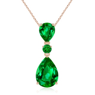 14x10mm AAAA Pear and Round Emerald Three Stone Pendant in Rose Gold