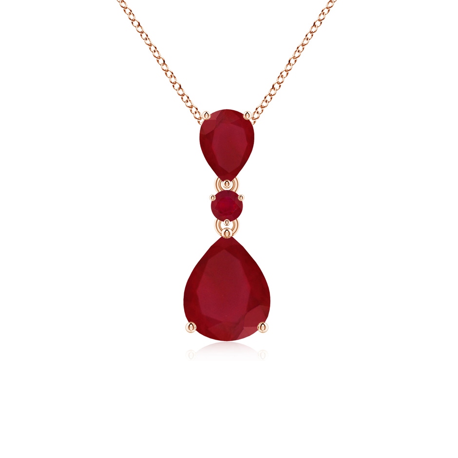 10x8mm AA Pear and Round Ruby Three Stone Pendant in Rose Gold 