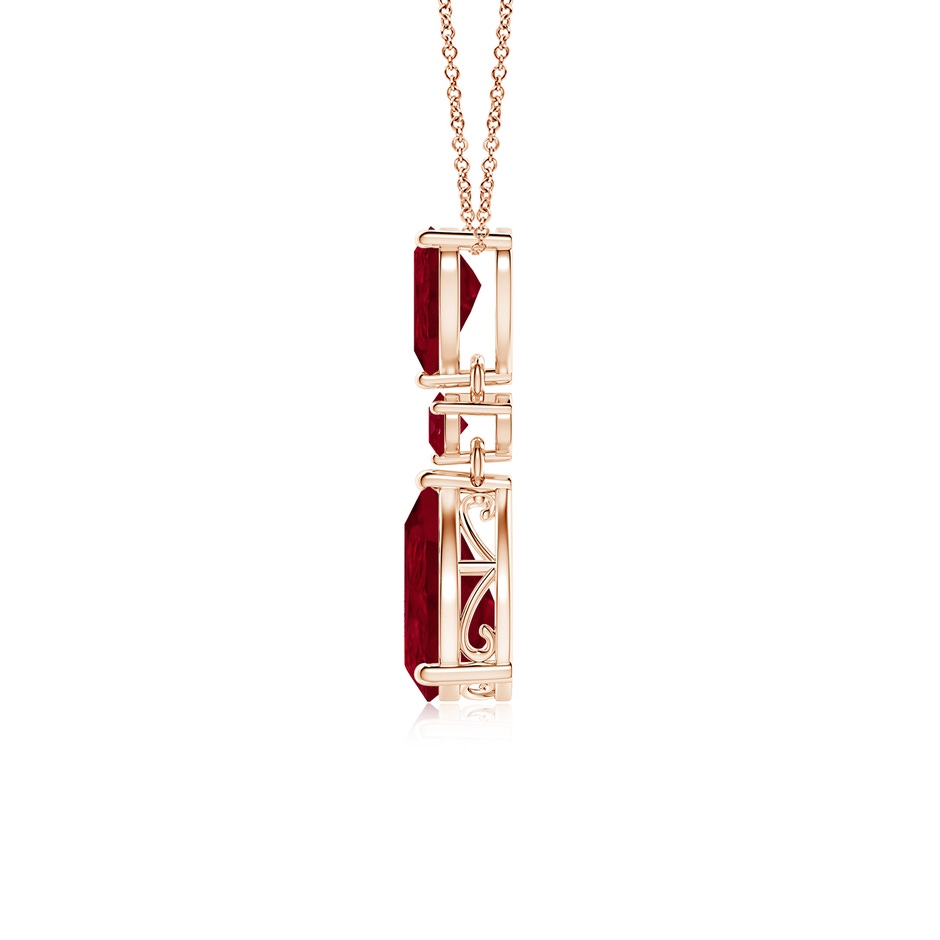 10x8mm AA Pear and Round Ruby Three Stone Pendant in Rose Gold side 199