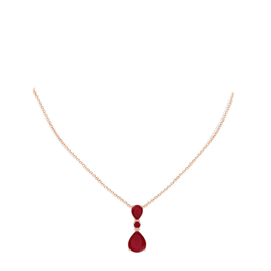 10x8mm AA Pear and Round Ruby Three Stone Pendant in Rose Gold pen
