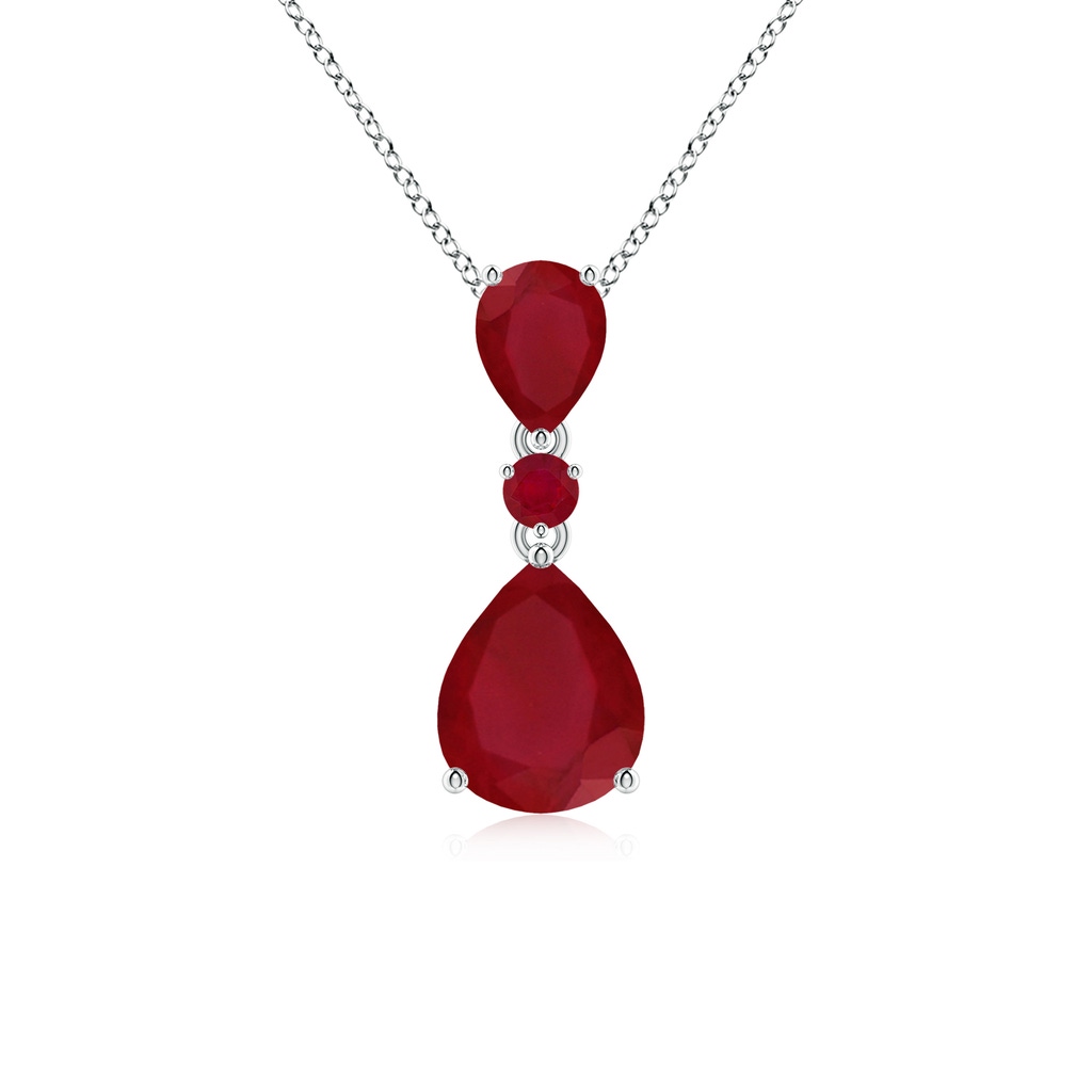 10x8mm AA Pear and Round Ruby Three Stone Pendant in White Gold