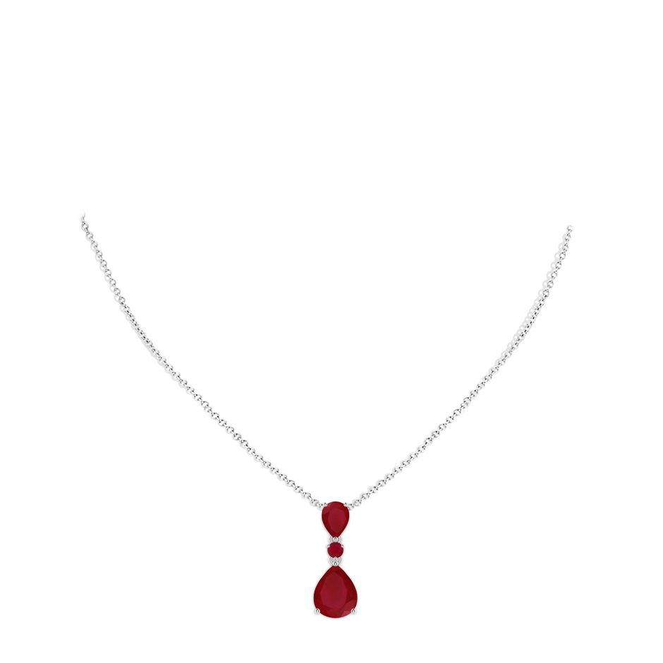 10x8mm AA Pear and Round Ruby Three Stone Pendant in White Gold pen