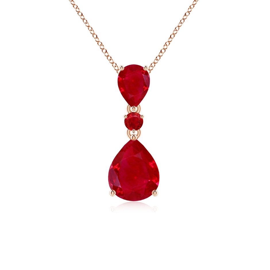 10x8mm AAA Pear and Round Ruby Three Stone Pendant in Rose Gold 