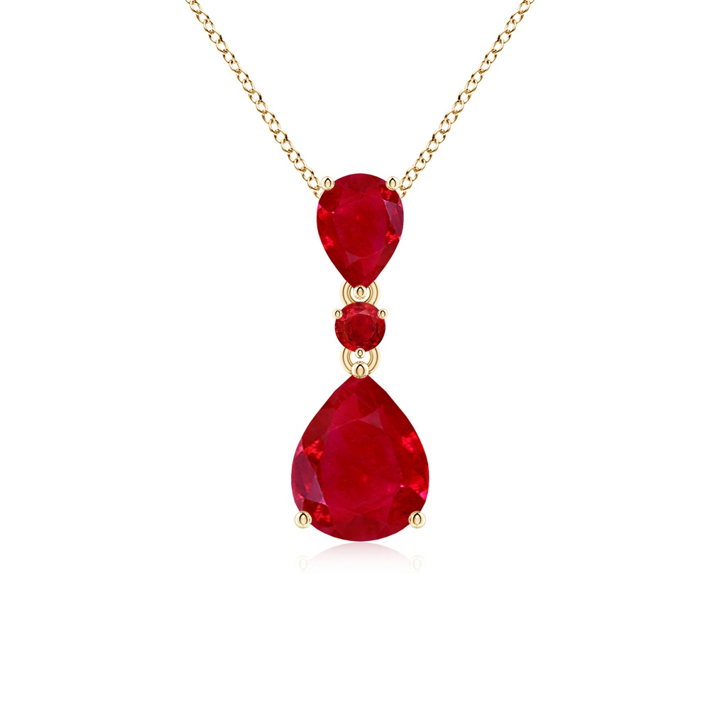 10x8mm AAA Pear and Round Ruby Three Stone Pendant in Yellow Gold