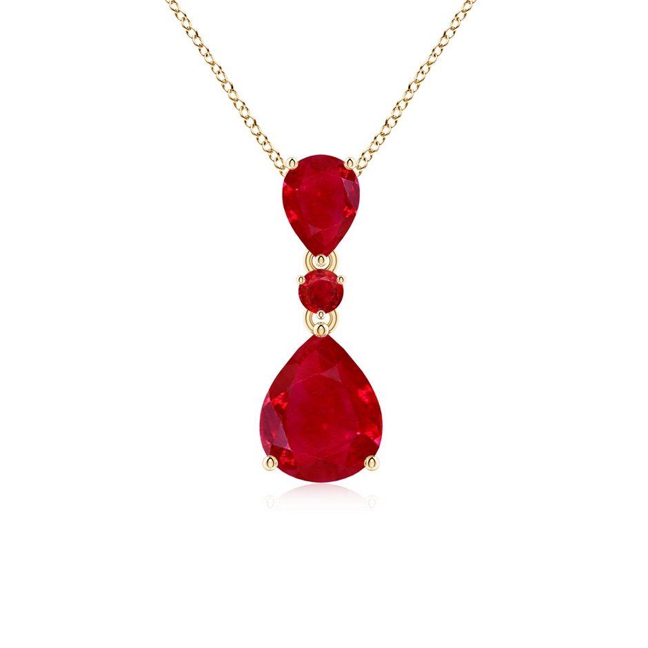 10x8mm AAA Pear and Round Ruby Three Stone Pendant in Yellow Gold 