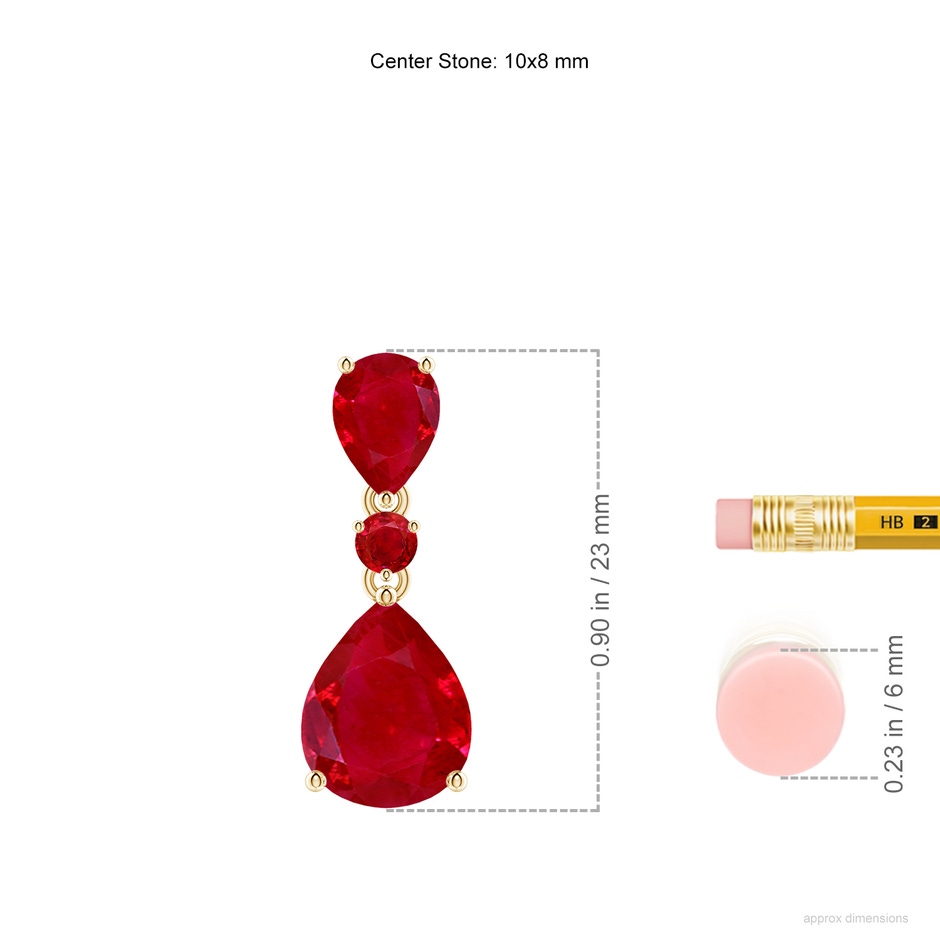 10x8mm AAA Pear and Round Ruby Three Stone Pendant in Yellow Gold ruler