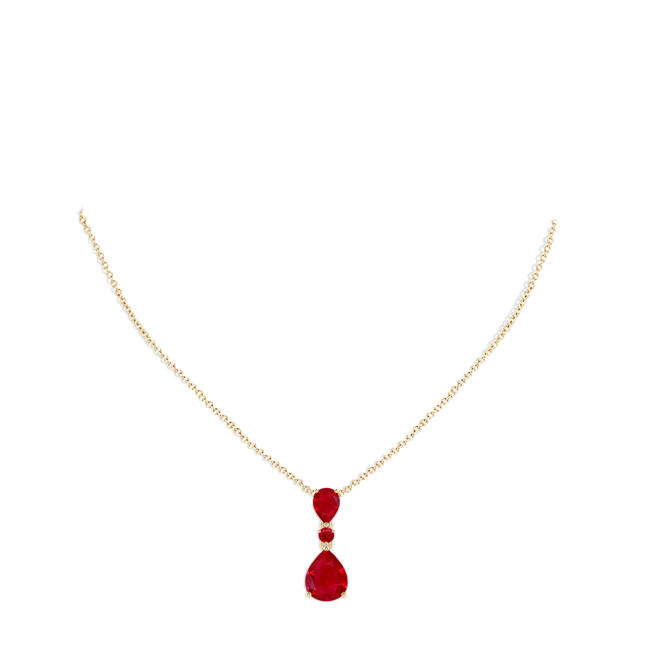 10x8mm AAA Pear and Round Ruby Three Stone Pendant in Yellow Gold pen