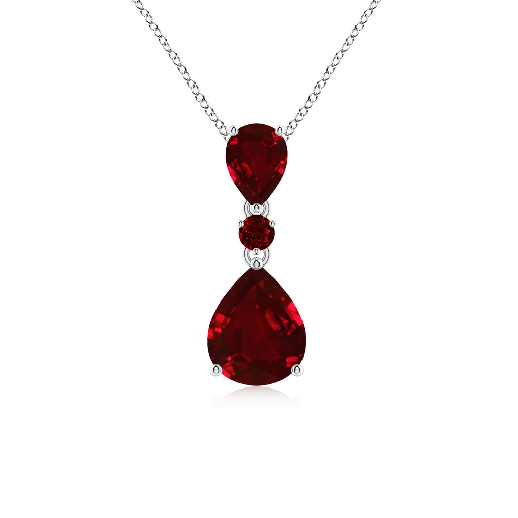 10x8mm AAAA Pear and Round Ruby Three Stone Pendant in White Gold