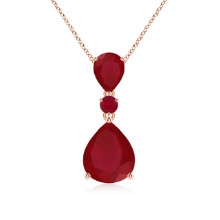 12x10mm AA Pear and Round Ruby Three Stone Pendant in 10K Rose Gold