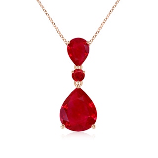 12x10mm AAA Pear and Round Ruby Three Stone Pendant in Rose Gold