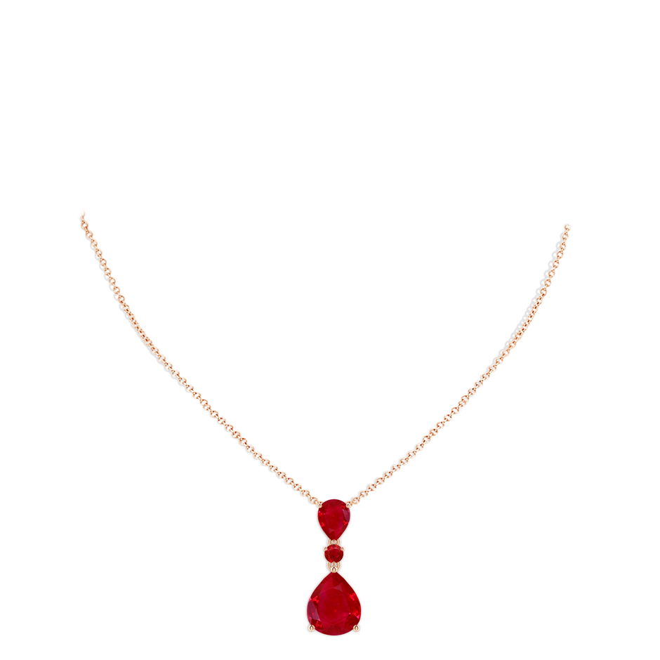 12x10mm AAA Pear and Round Ruby Three Stone Pendant in Rose Gold pen