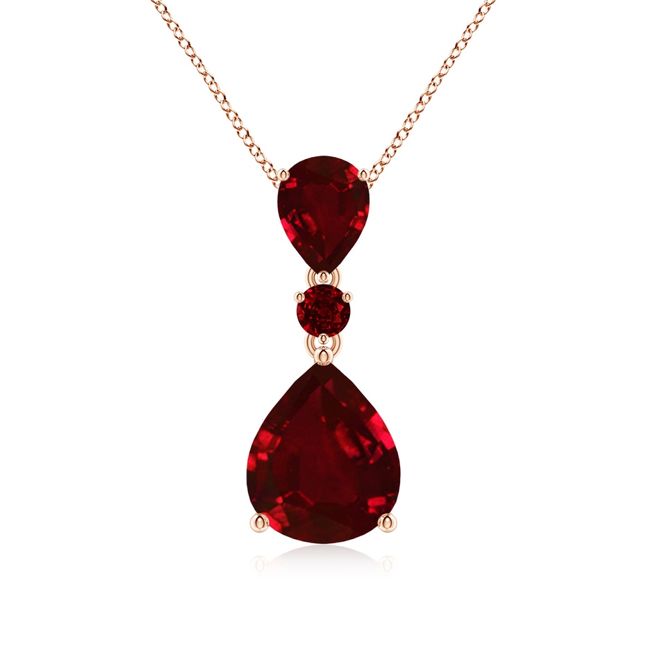 12x10mm AAAA Pear and Round Ruby Three Stone Pendant in Rose Gold 