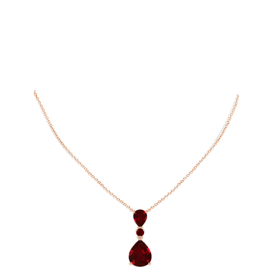 12x10mm AAAA Pear and Round Ruby Three Stone Pendant in Rose Gold pen