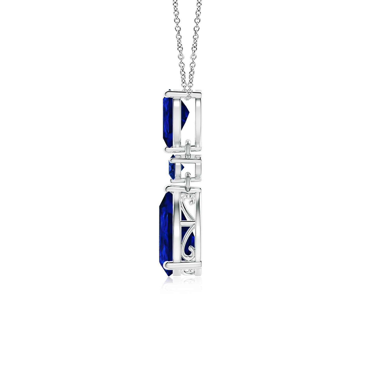 10x8mm AAAA Pear and Round Blue Sapphire Three Stone Pendant in White Gold