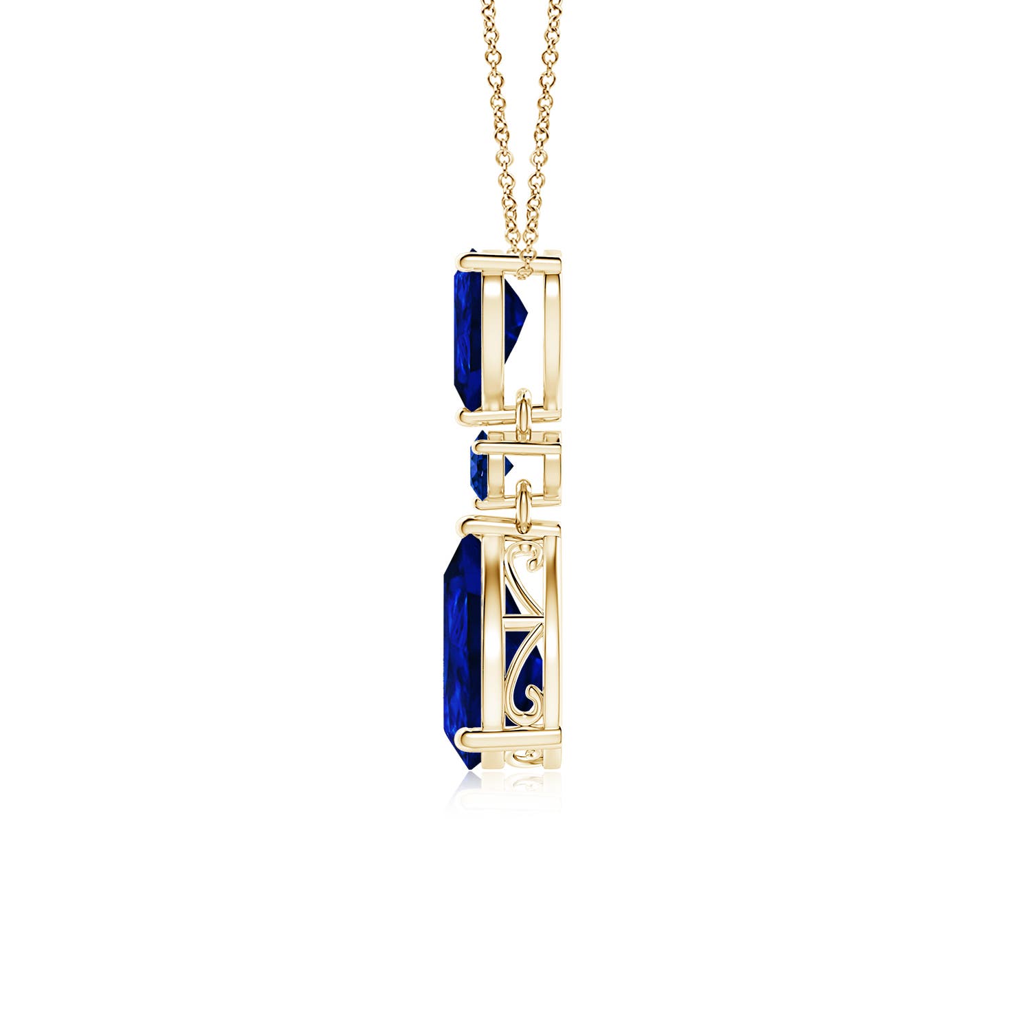 10x8mm AAAA Pear and Round Blue Sapphire Three Stone Pendant in Yellow Gold - side 3