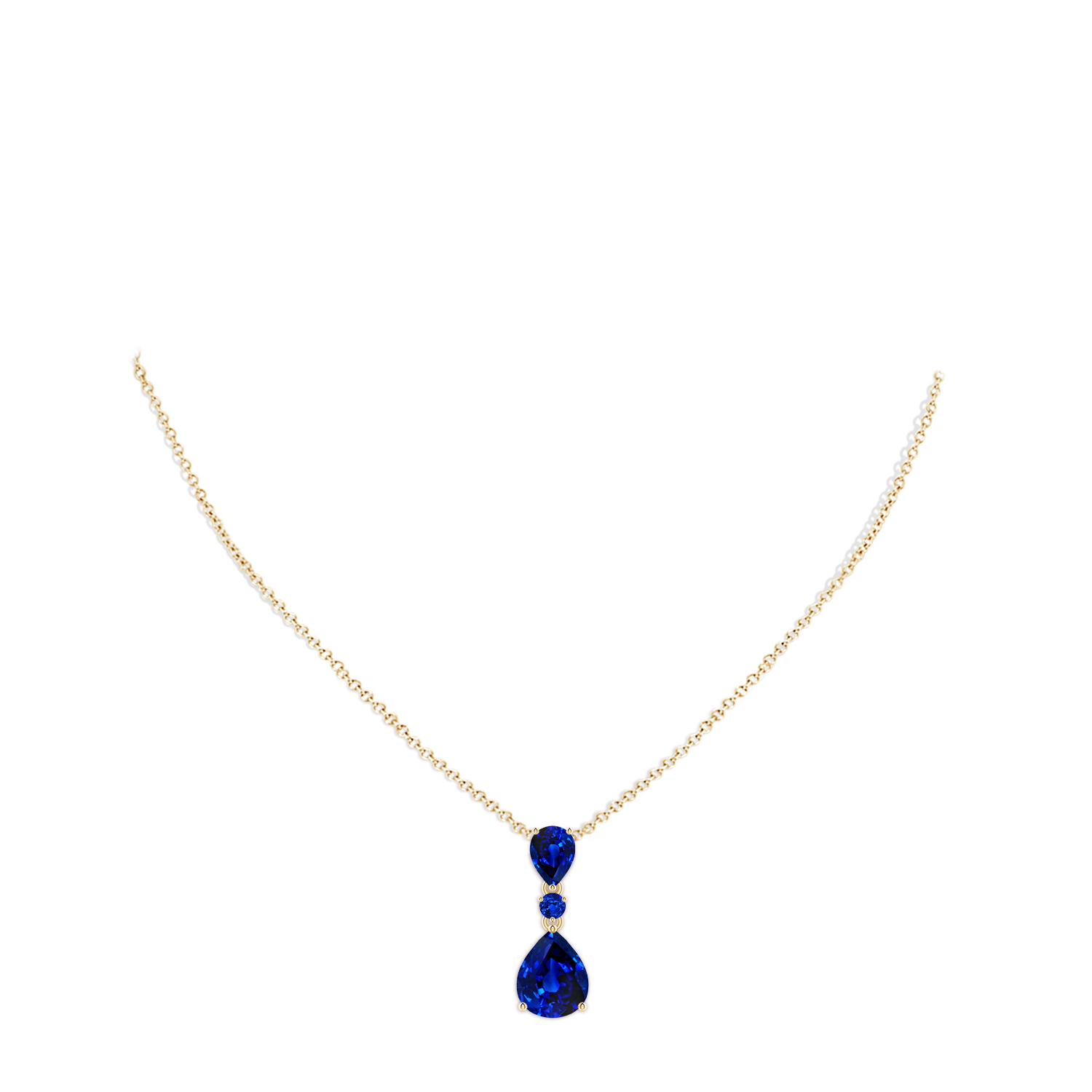 10x8mm AAAA Pear and Round Blue Sapphire Three Stone Pendant in Yellow Gold - body_neck