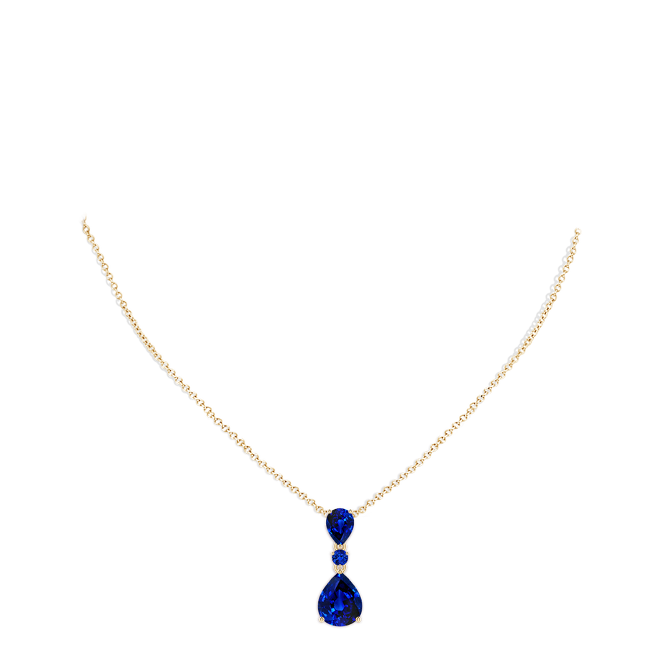 10x8mm Lab-Grown Pear and Round Blue Sapphire Three Stone Pendant in Yellow Gold pen