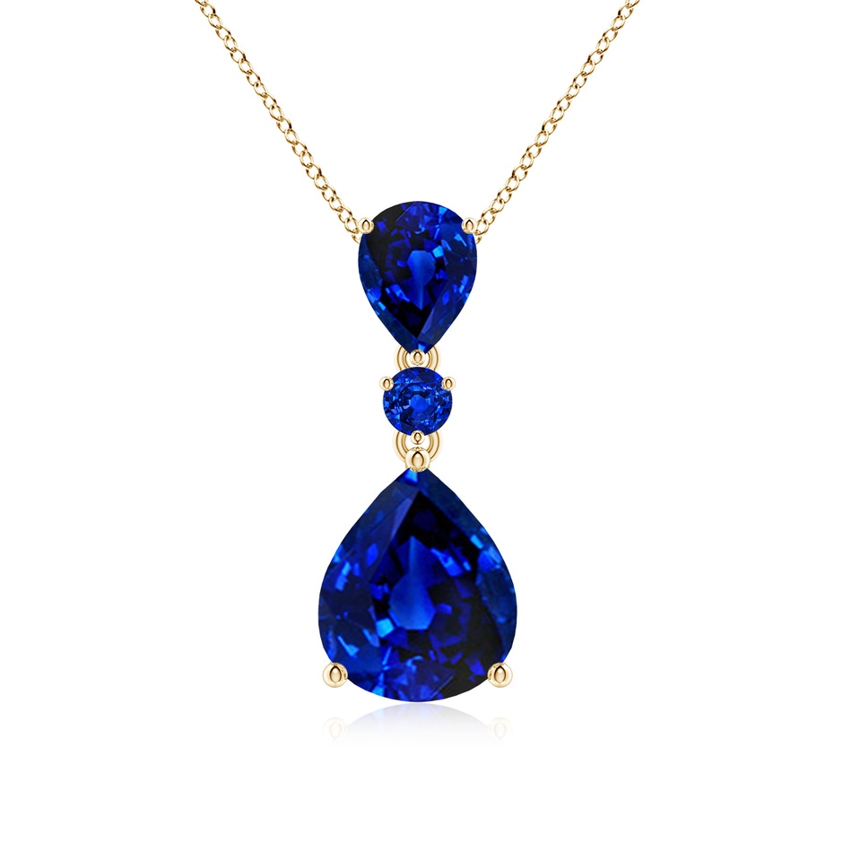 12x10mm Lab-Grown Pear and Round Blue Sapphire Three Stone Pendant in Yellow Gold 