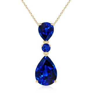 14x10mm Lab-Grown Pear and Round Blue Sapphire Three Stone Pendant in 9K Yellow Gold