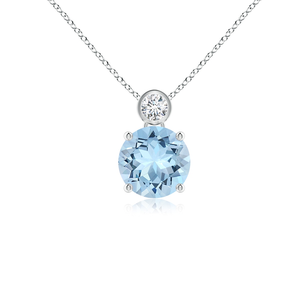 7mm AAA Round Aquamarine Pendant with Bezel-Set Diamond in White Gold