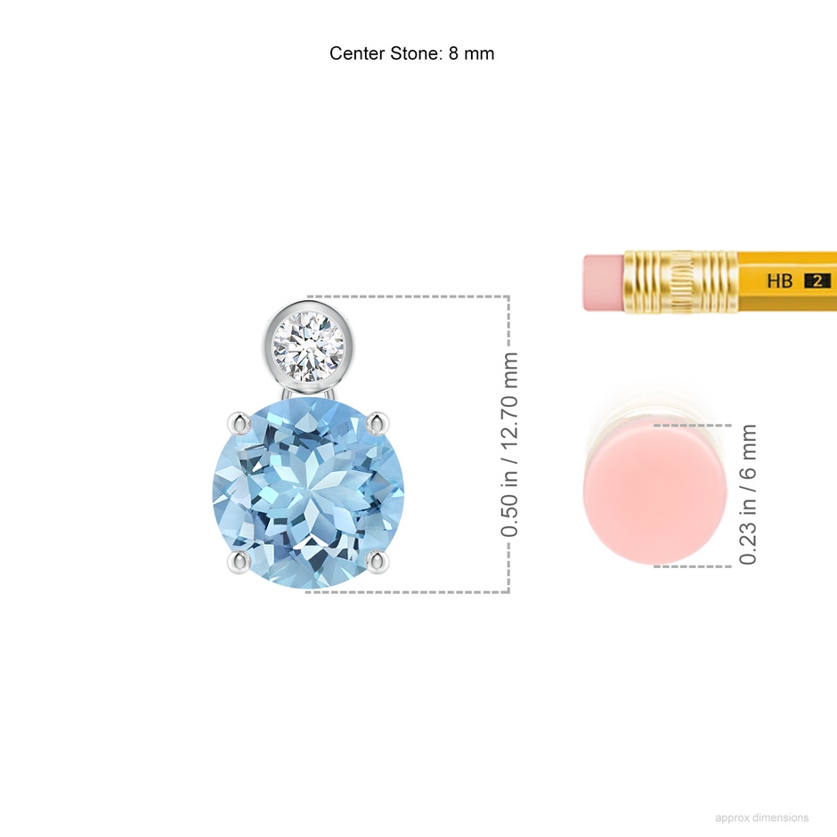 8mm AAAA Round Aquamarine Pendant with Bezel-Set Diamond in White Gold ruler
