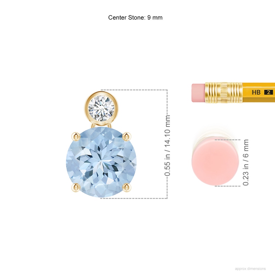 9mm AA Round Aquamarine Pendant with Bezel-Set Diamond in Yellow Gold ruler