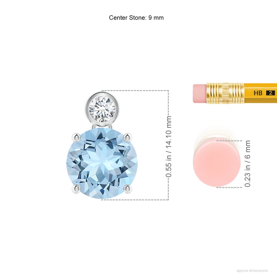 9mm AAA Round Aquamarine Pendant with Bezel-Set Diamond in White Gold ruler