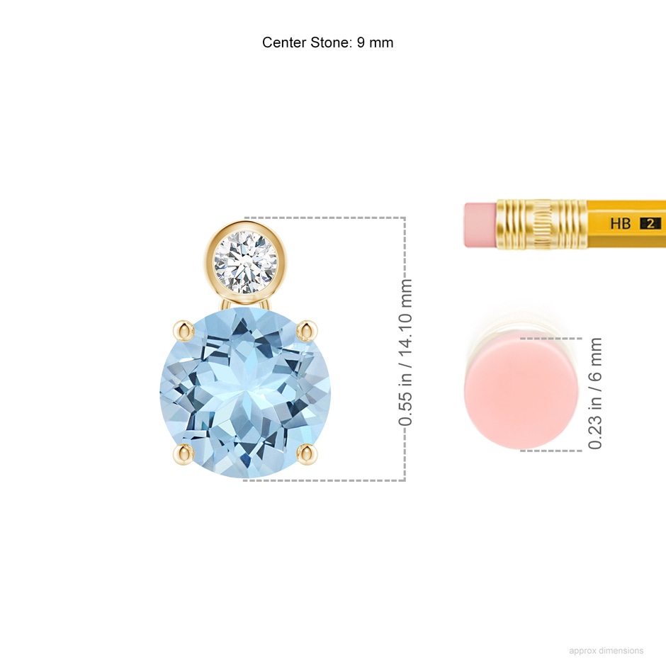 9mm AAA Round Aquamarine Pendant with Bezel-Set Diamond in Yellow Gold ruler