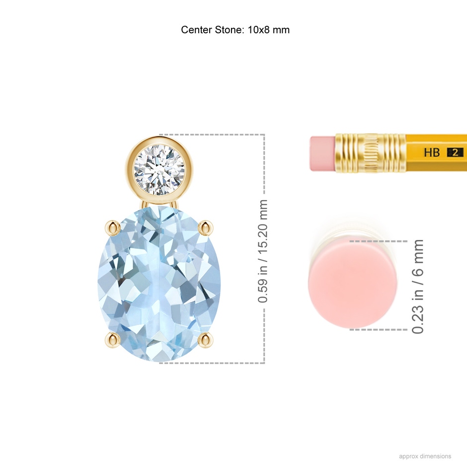 10x8mm AA Oval Aquamarine Pendant with Bezel-Set Diamond in Yellow Gold ruler