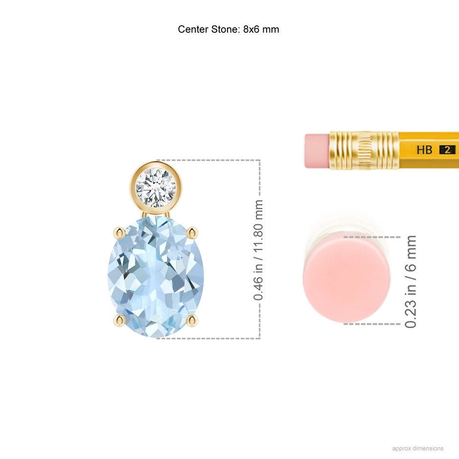 8x6mm AA Oval Aquamarine Pendant with Bezel-Set Diamond in Yellow Gold ruler