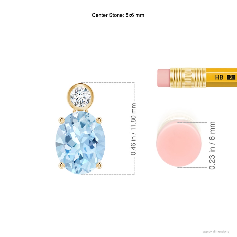 8x6mm AAA Oval Aquamarine Pendant with Bezel-Set Diamond in Yellow Gold ruler