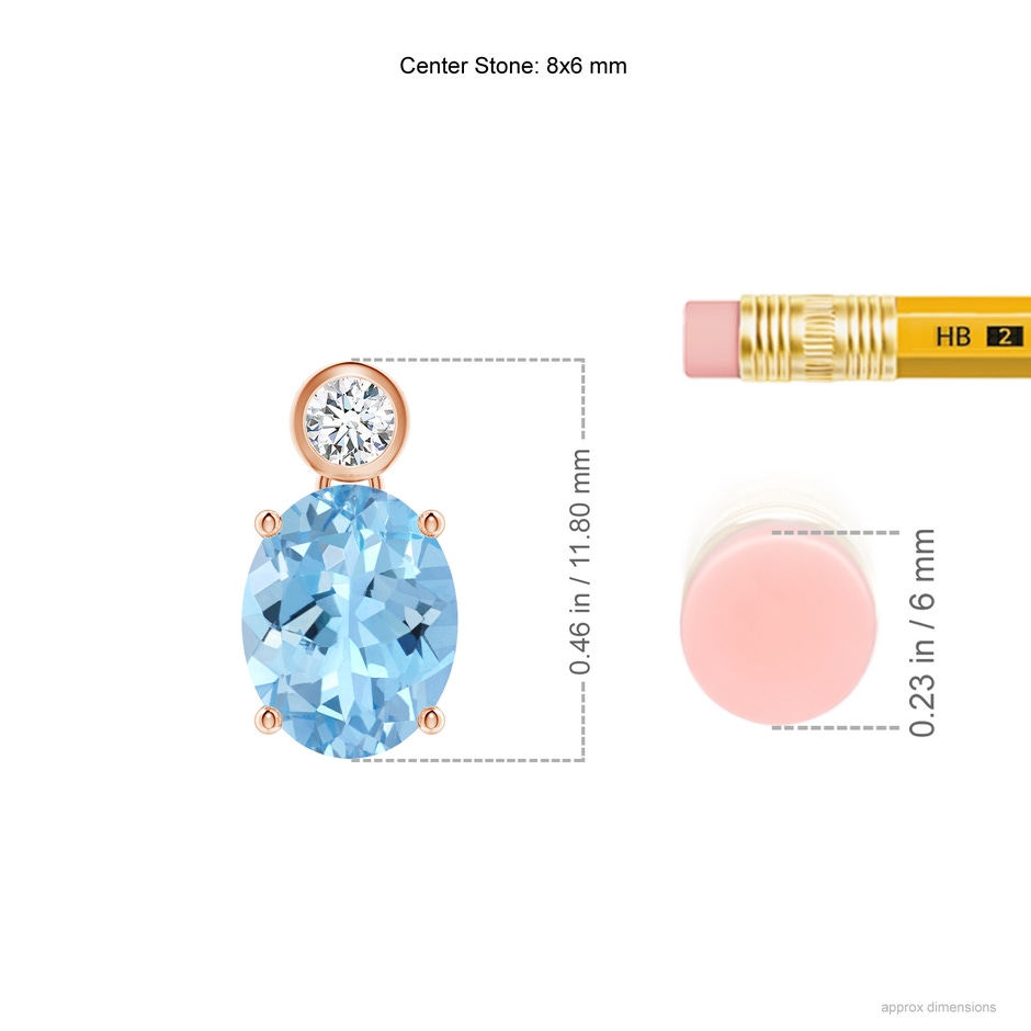 8x6mm AAAA Oval Aquamarine Pendant with Bezel-Set Diamond in Rose Gold ruler
