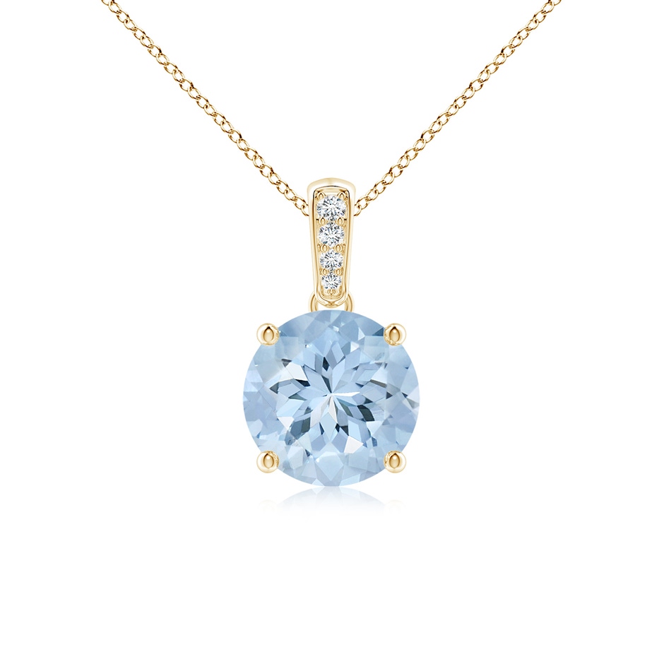 7mm AA Prong-Set Round Aquamarine Pendant with Diamond Bale in Yellow Gold 