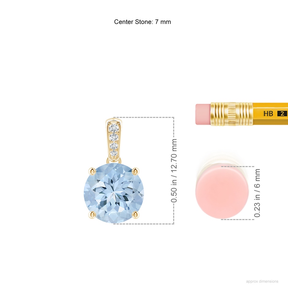 7mm AA Prong-Set Round Aquamarine Pendant with Diamond Bale in Yellow Gold ruler