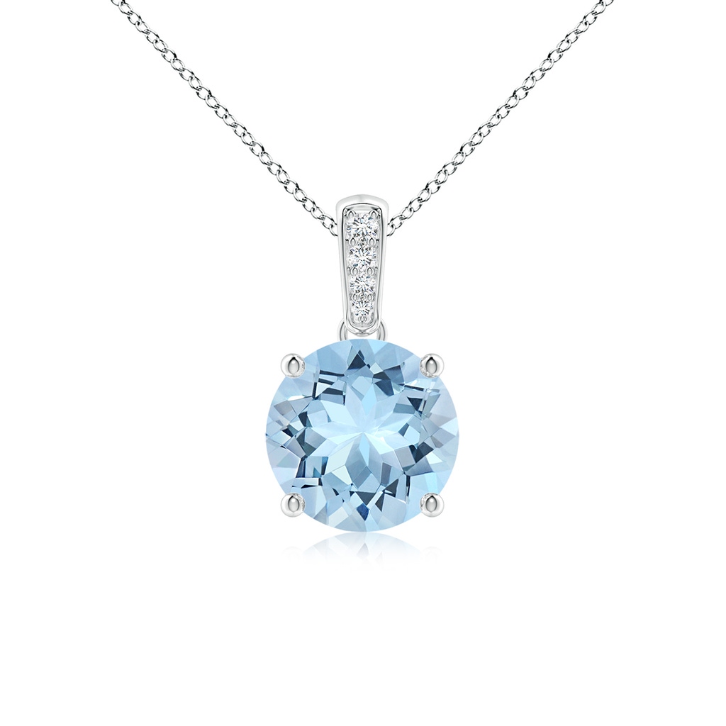 7mm AAA Prong-Set Round Aquamarine Pendant with Diamond Bale in White Gold