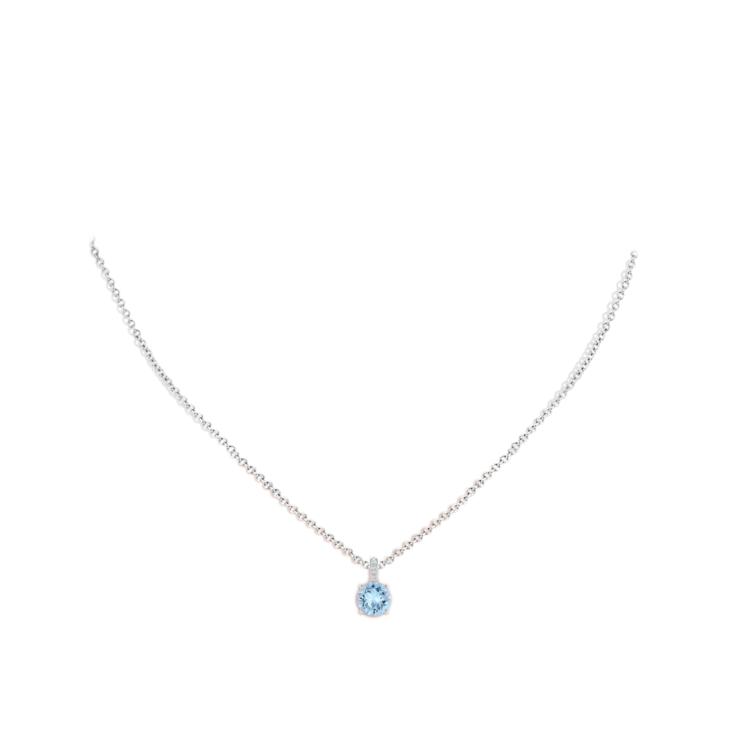 7mm AAA Prong-Set Round Aquamarine Pendant with Diamond Bale in White Gold - body_neck
