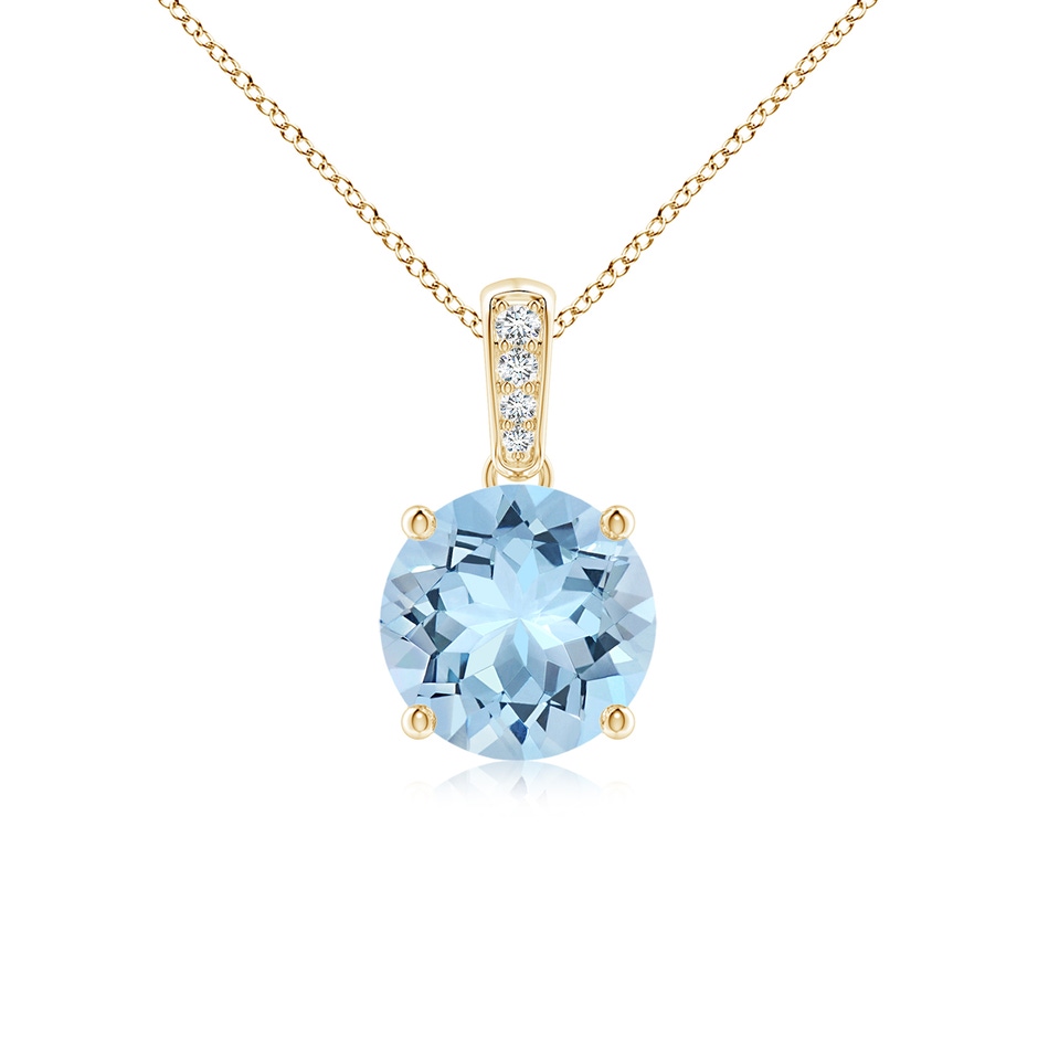 7mm AAA Prong-Set Round Aquamarine Pendant with Diamond Bale in Yellow Gold 