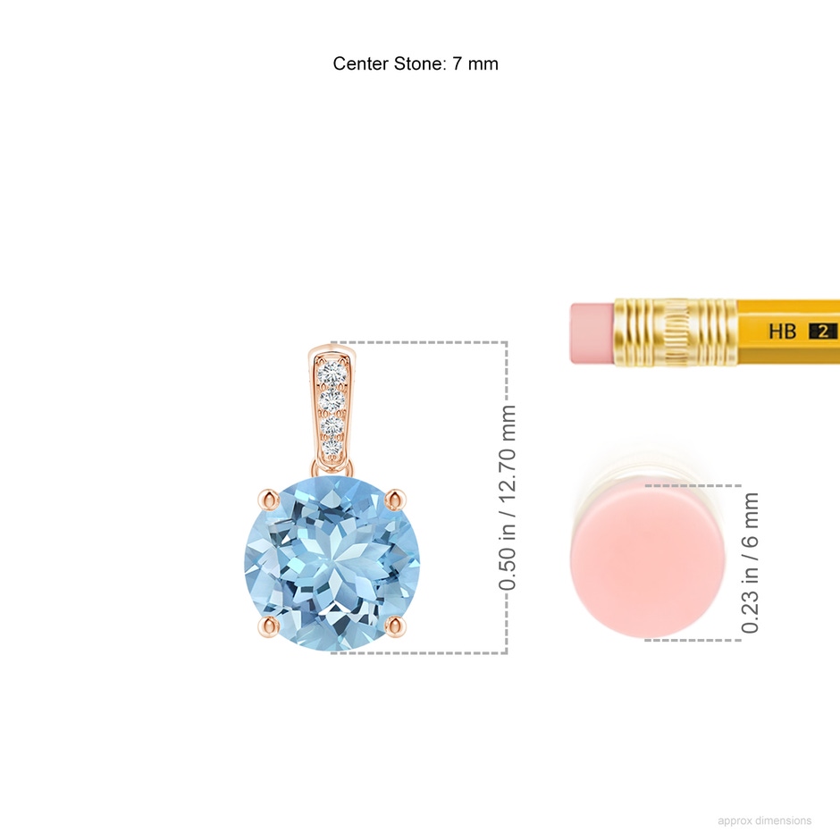 7mm AAAA Prong-Set Round Aquamarine Pendant with Diamond Bale in Rose Gold ruler