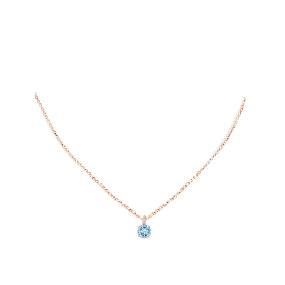 7mm AAAA Prong-Set Round Aquamarine Pendant with Diamond Bale in Rose Gold pen