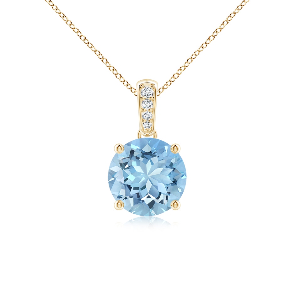 7mm AAAA Prong-Set Round Aquamarine Pendant with Diamond Bale in Yellow Gold 