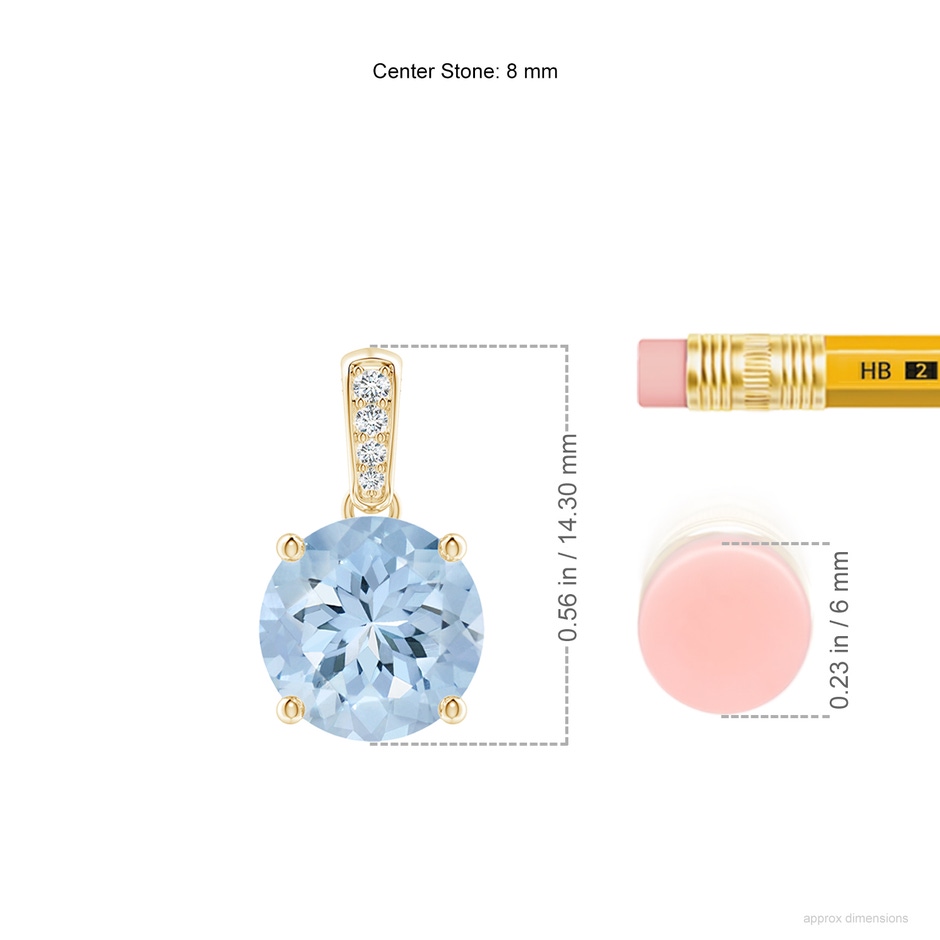 8mm AA Prong-Set Round Aquamarine Pendant with Diamond Bale in Yellow Gold ruler