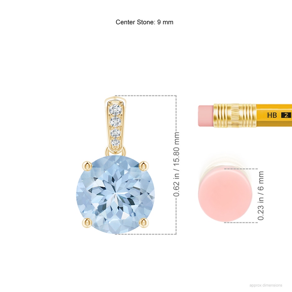 9mm AA Prong-Set Round Aquamarine Pendant with Diamond Bale in Yellow Gold ruler