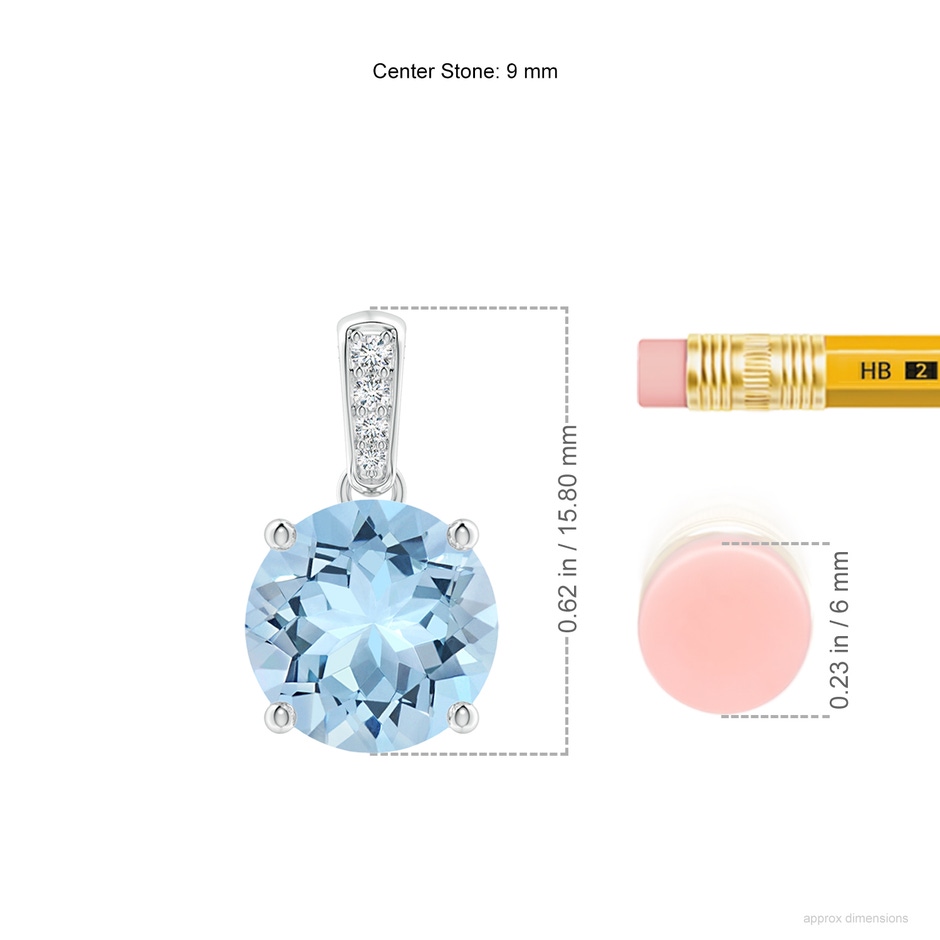 9mm AAA Prong-Set Round Aquamarine Pendant with Diamond Bale in White Gold ruler