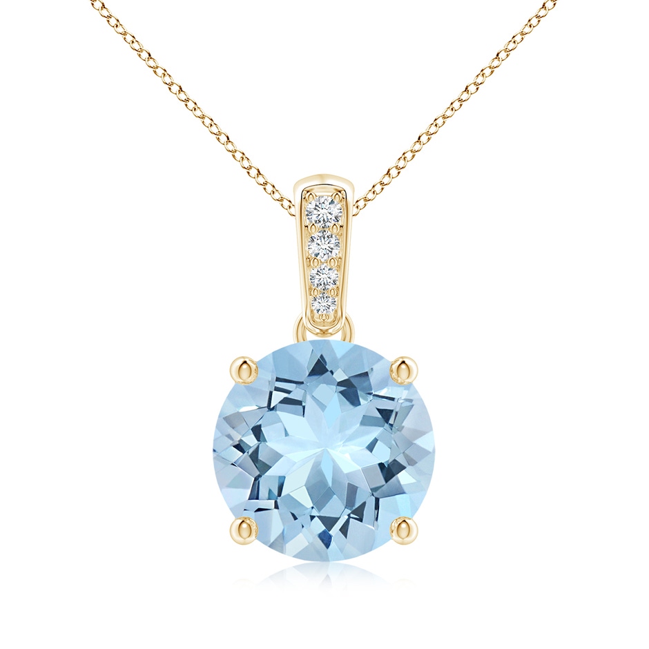 9mm AAA Prong-Set Round Aquamarine Pendant with Diamond Bale in Yellow Gold 