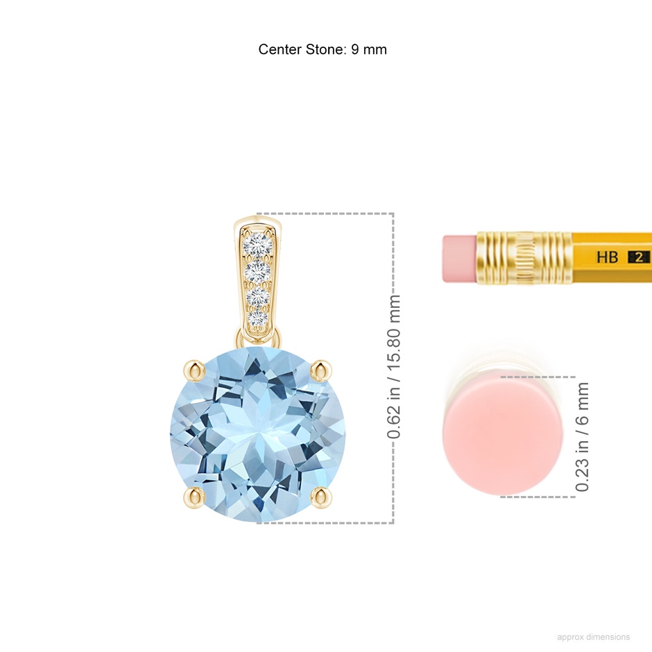 9mm AAA Prong-Set Round Aquamarine Pendant with Diamond Bale in Yellow Gold ruler