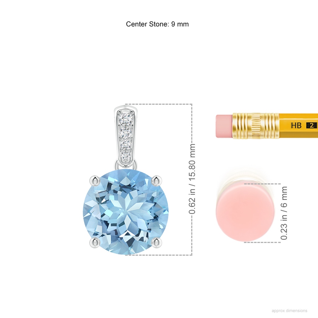 9mm AAAA Prong-Set Round Aquamarine Pendant with Diamond Bale in P950 Platinum ruler