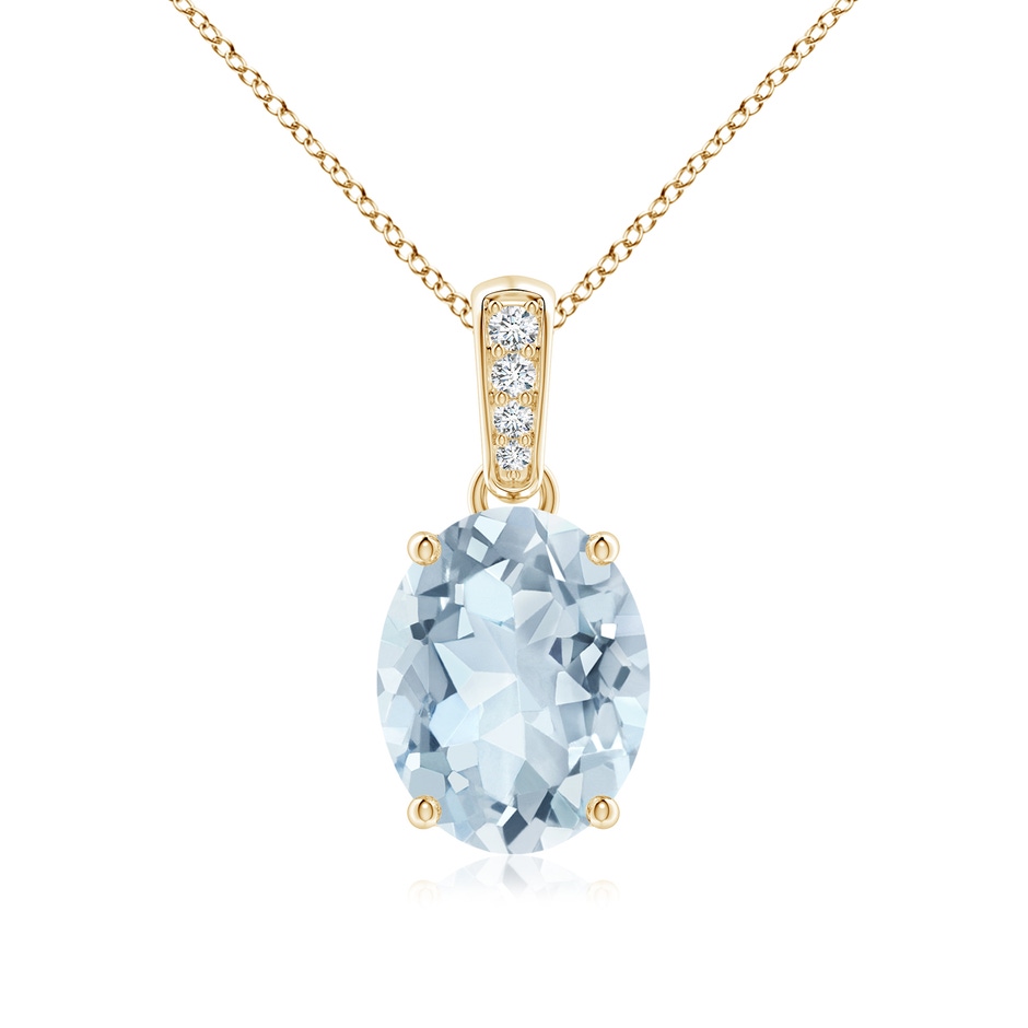 10x8mm A Prong-Set Oval Aquamarine Pendant with Diamond Bale in Yellow Gold 