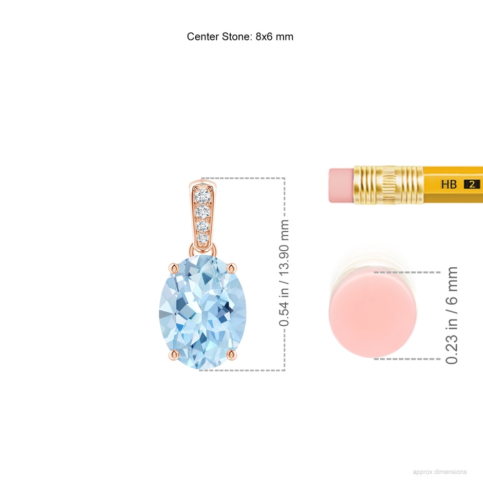 8x6mm AAA Prong-Set Oval Aquamarine Pendant with Diamond Bale in Rose Gold ruler